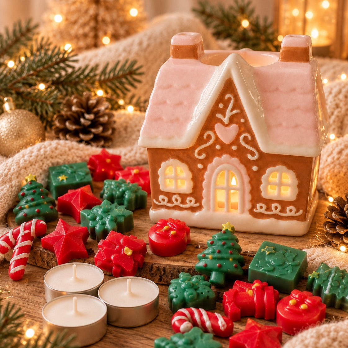 quemador de cerámica con forma de casita, wax melts navideños y velas de té sobre una tabla de madera