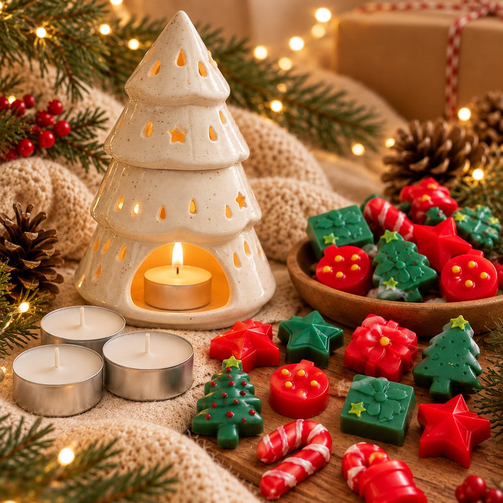 Pack Navidad Casa Calma con quemador de cera en forma de árbol de Navidad, wax melts navideños rojos y verdes y tres velas de té de regalo.