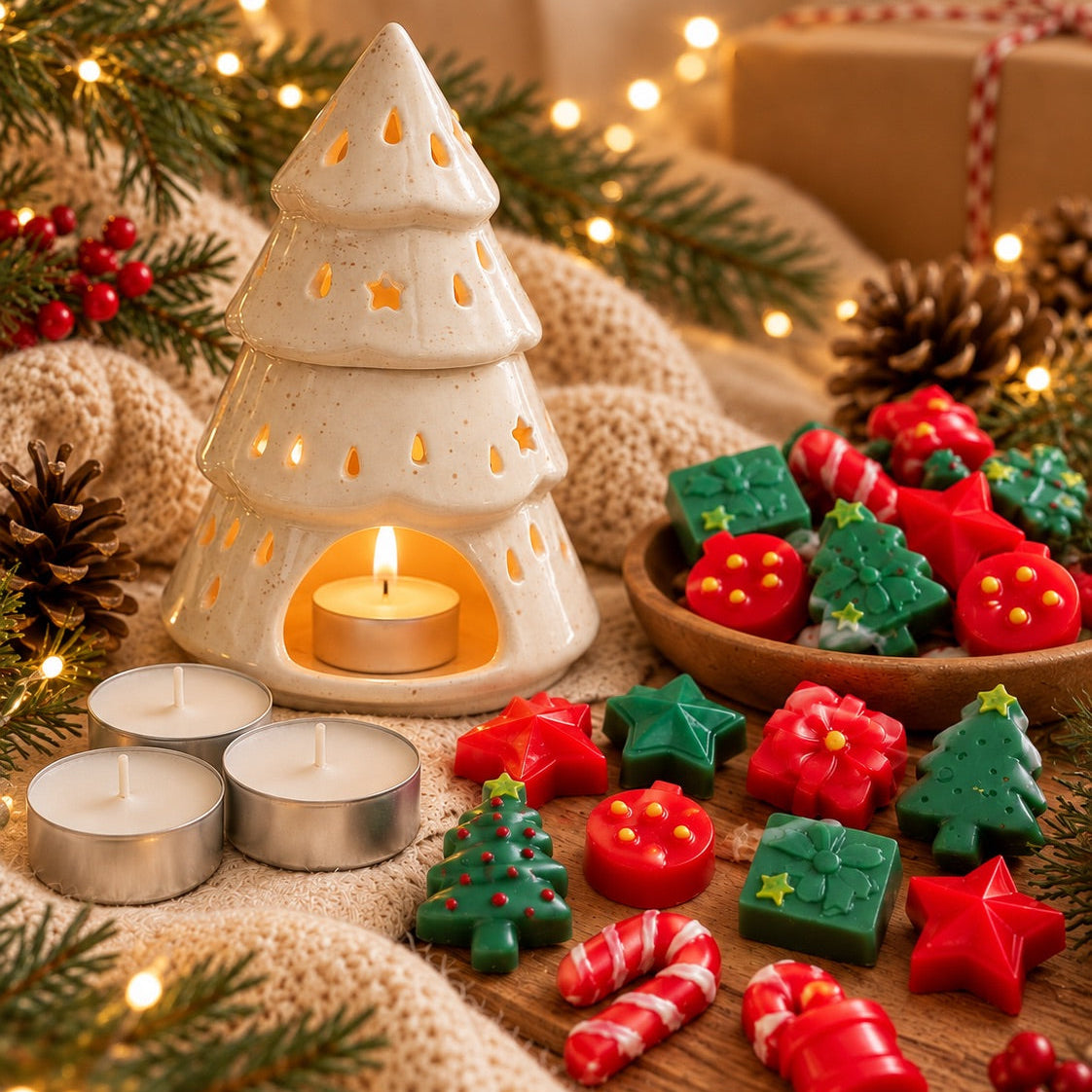 Pack Navidad Casa Calma con quemador de cera en forma de árbol de Navidad, wax melts navideños rojos y verdes y tres velas de té de regalo.