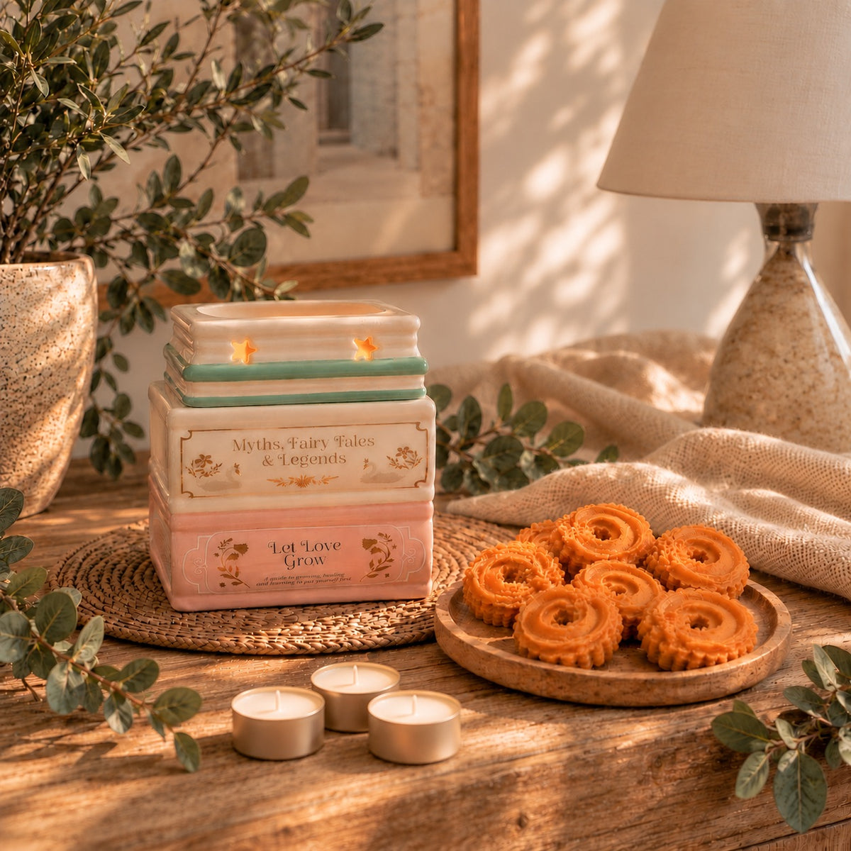 Pack Concentración de Casa Calma con quemador de libros, wax melts de tarta de manzana y canela y 3 velas de te