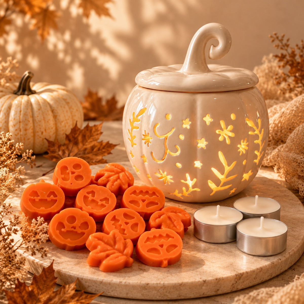 Vista del quemador de calabaza blanco encendido con wax melts naranjas y 3 velas de te de Casa Calma