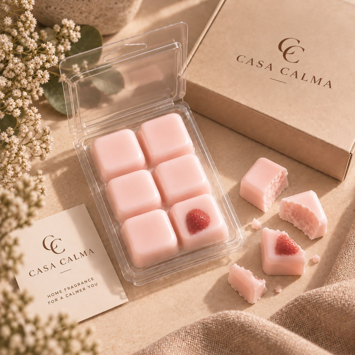 Wax melts de fresa y nata de Casa Calma en envase abierto, con seis cubos rosas y varias piezas partidas alrededor