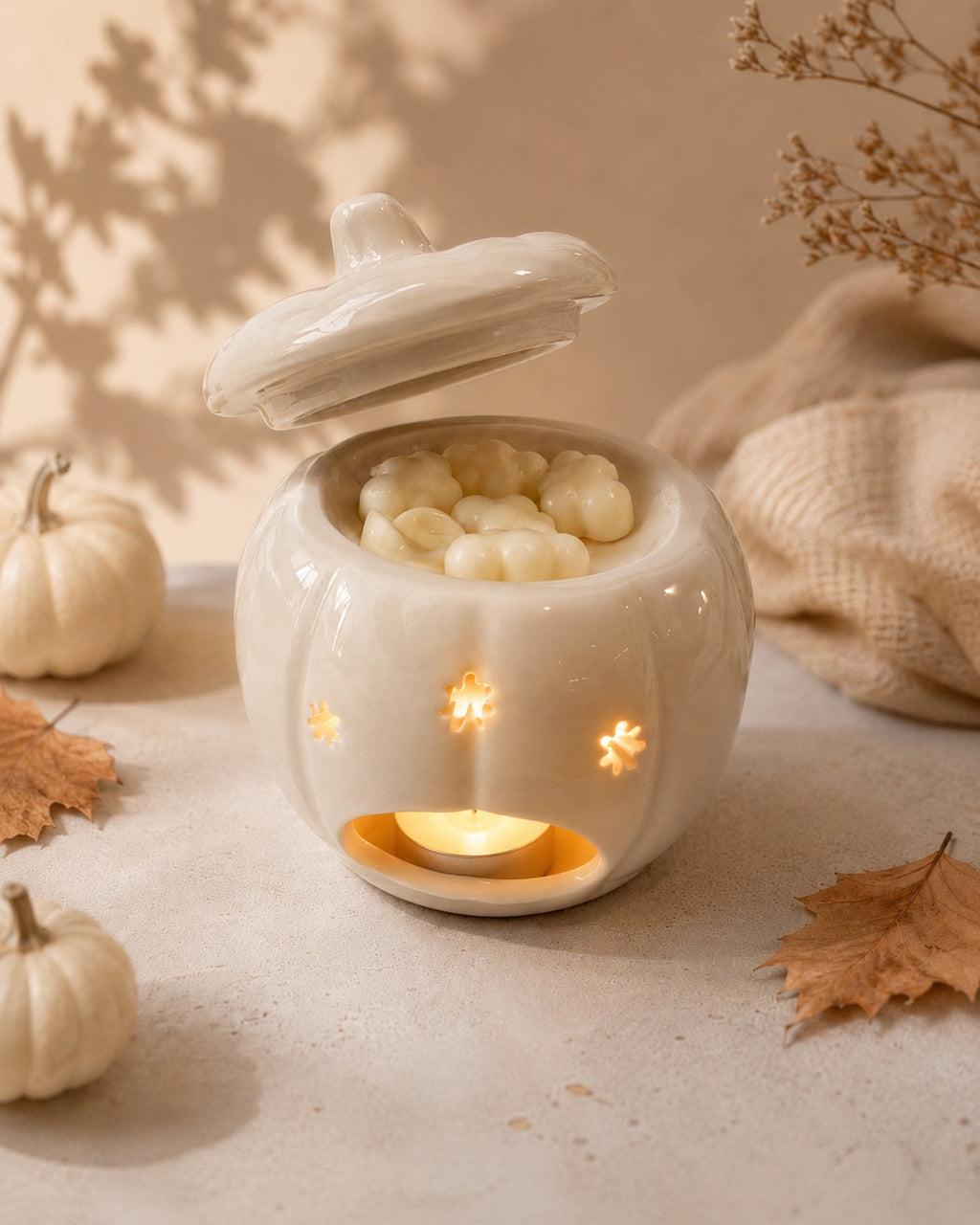 Quemador de wax melts Calabaza Blanca de cerámica, vista abierto de Casa Calma