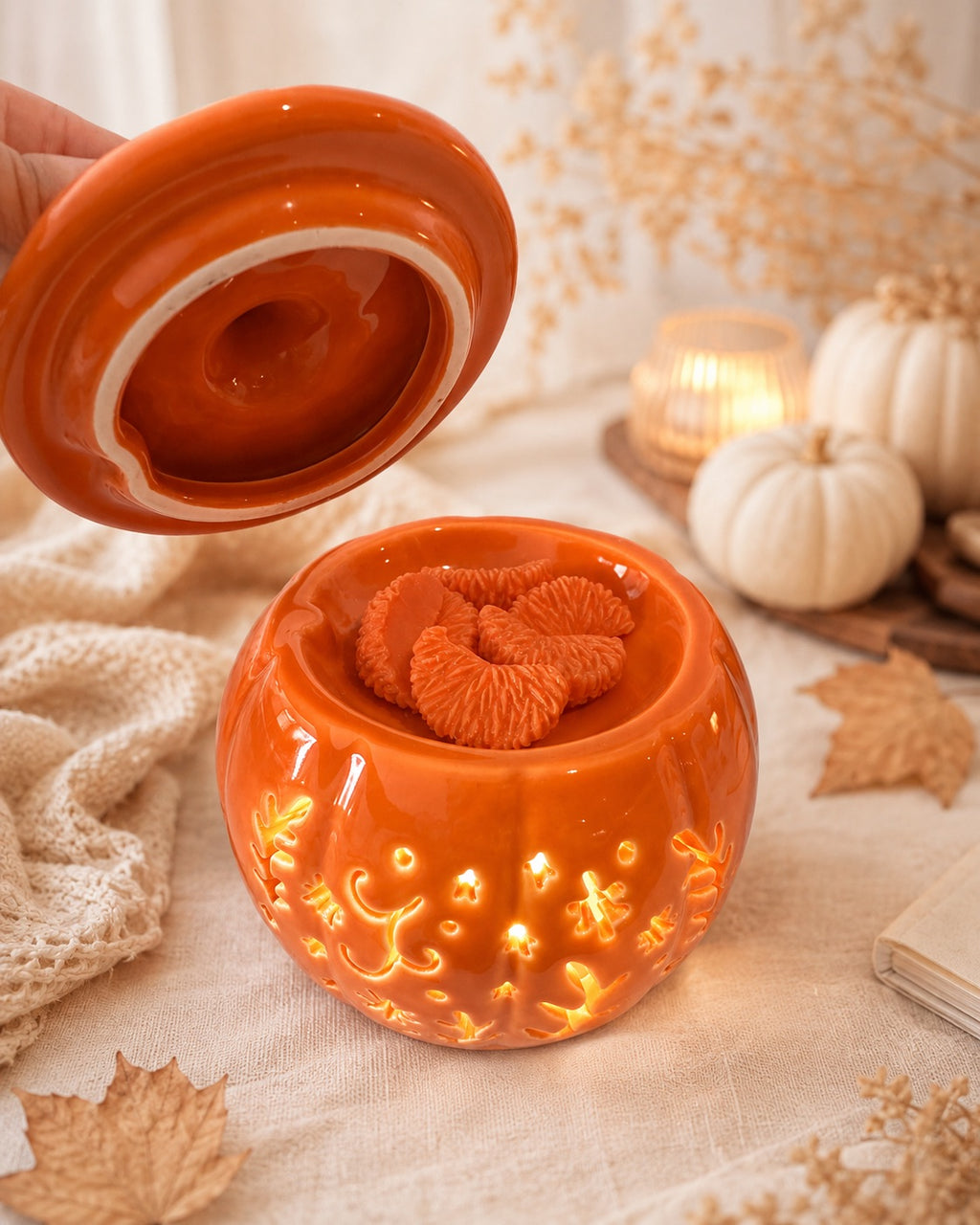 Quemador de wax melts Calabaza Naranja de cerámica, vista abierto de Casa Calma
