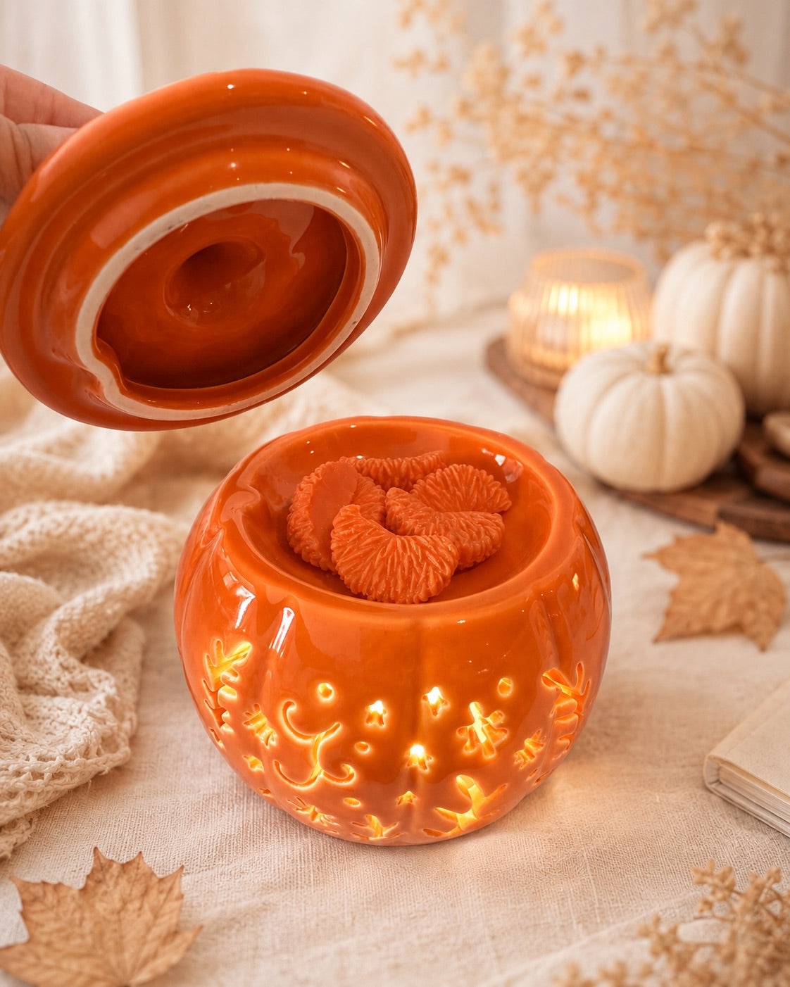 Quemador de wax melts Calabaza Naranja de cerámica, vista abierto de Casa Calma