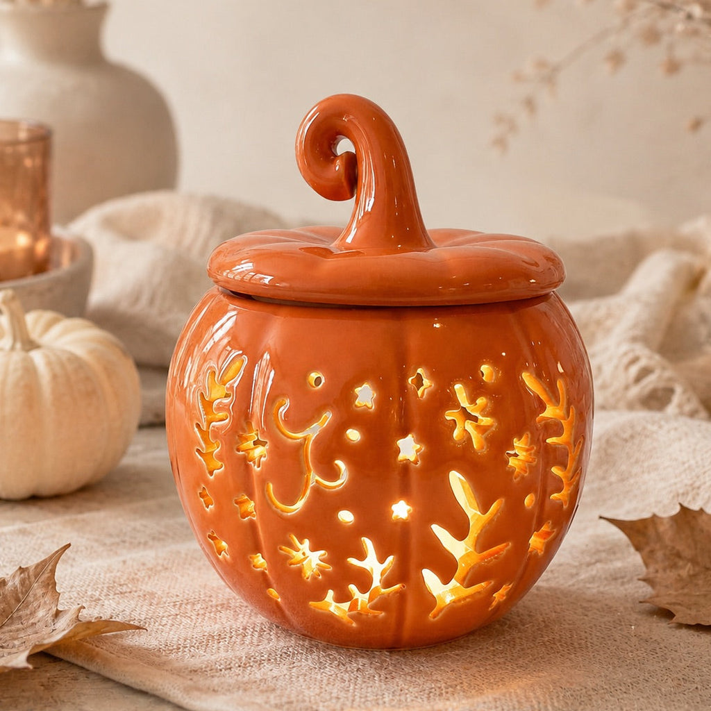Quemador de wax melts Calabaza Naranja de cerámica, vista frontal de Casa Calma