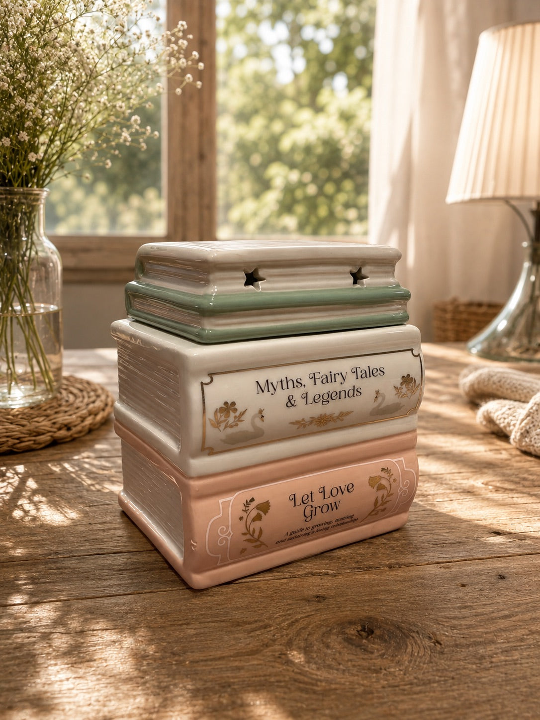 Quemador de wax melts Libros de cerámica, vista diagonal | Casa Calma