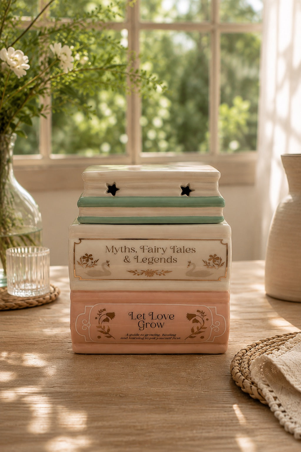 Quemador de wax melts Libros de cerámica, vista frontal | Casa Calma