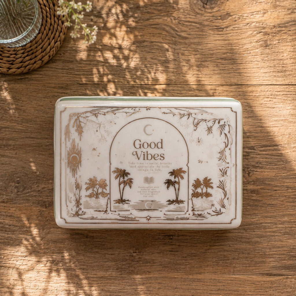 Vista superior del quemador Libros con cuenco rectangular y decoración dorada con el texto Good Vibes