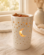 Quemador de wax melts Luna y estrellas de cerámica, vista frontal | Casa Calma