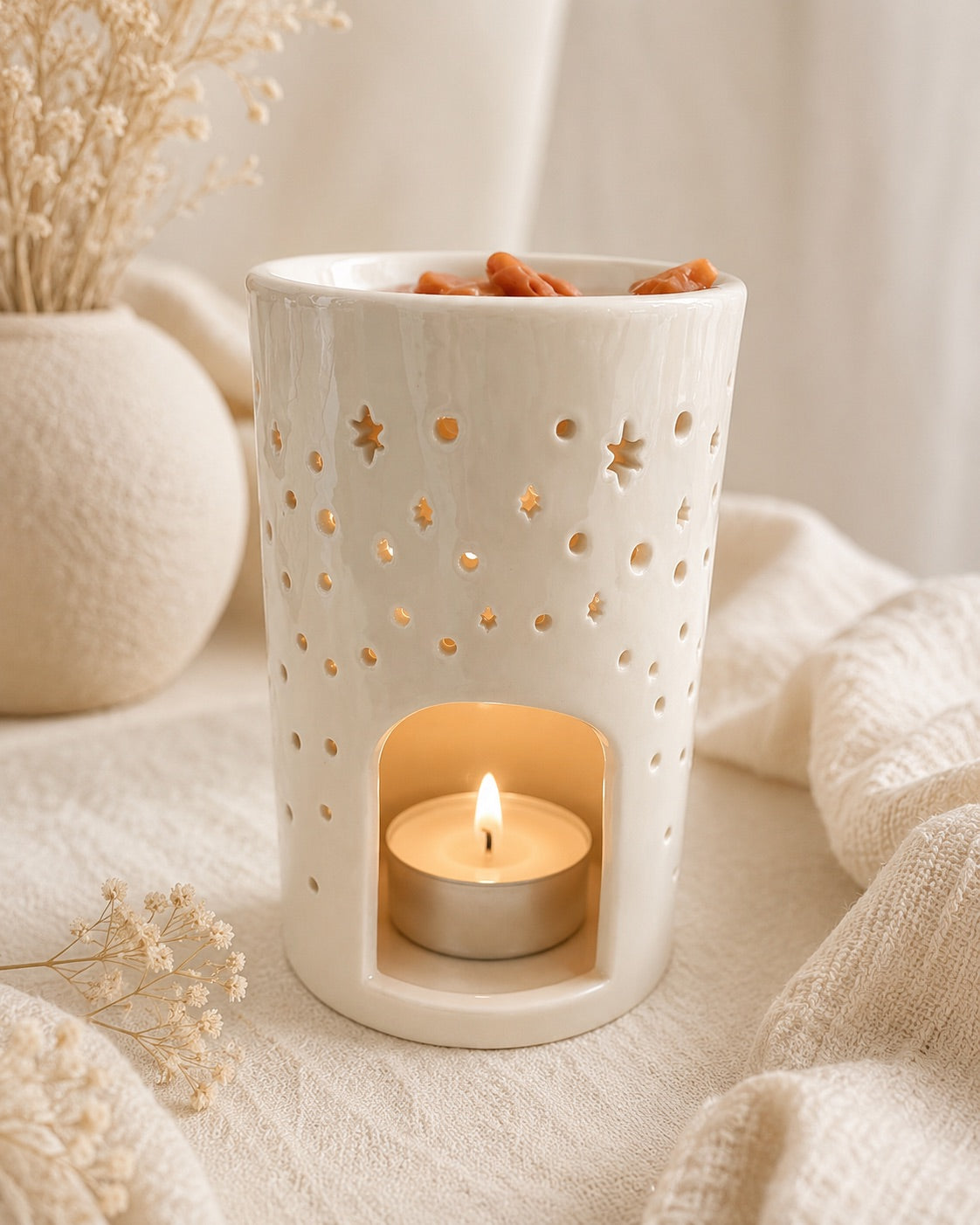 Quemador de wax melts Luna y estrellas de cerámica, vista trasera | Casa Calma