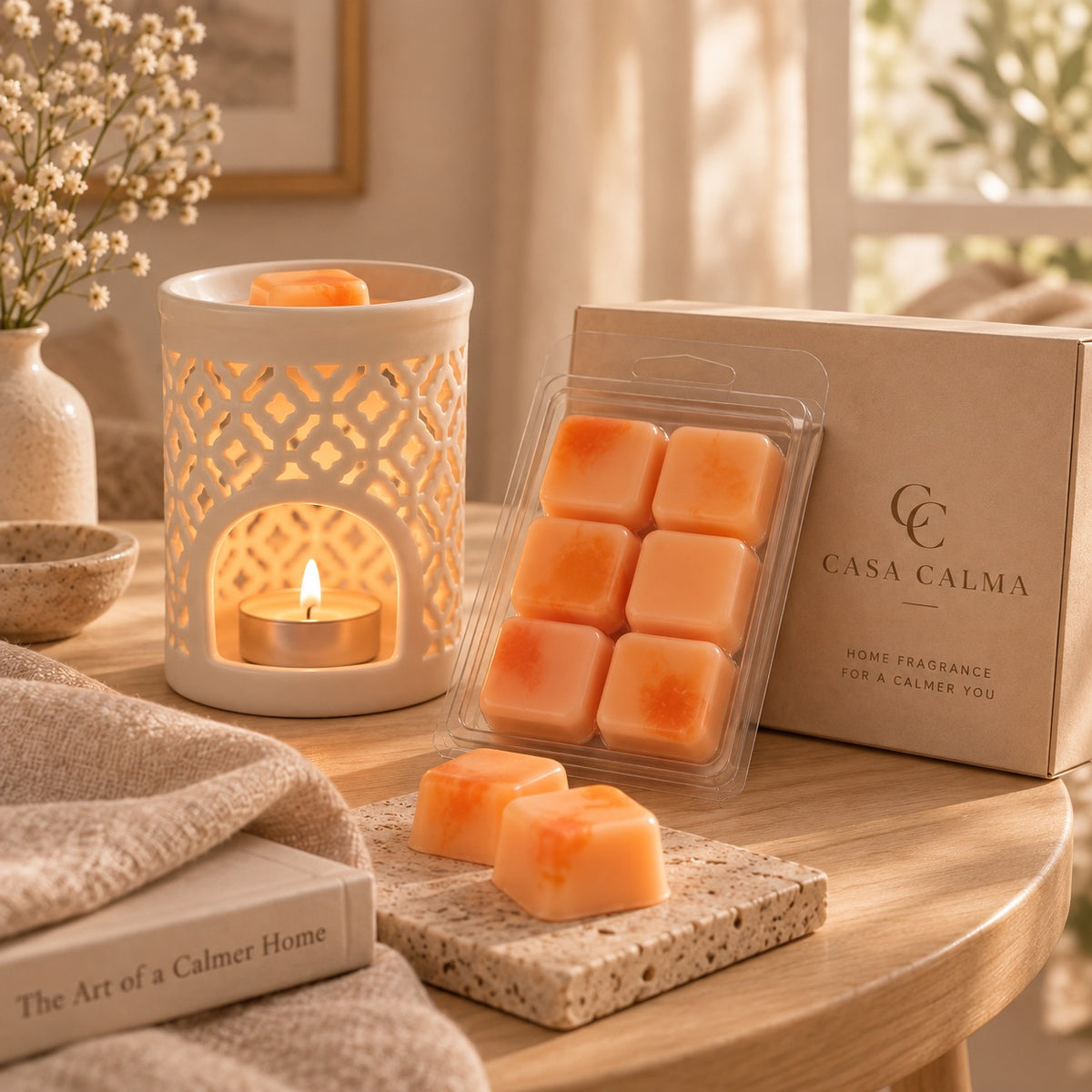 Tableta de wax melts Mandarina & Champán de Casa Calma sobre un quemador