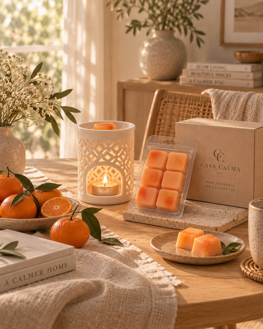 Tableta de wax melts Mandarina & Champán de Casa Calma en un salón