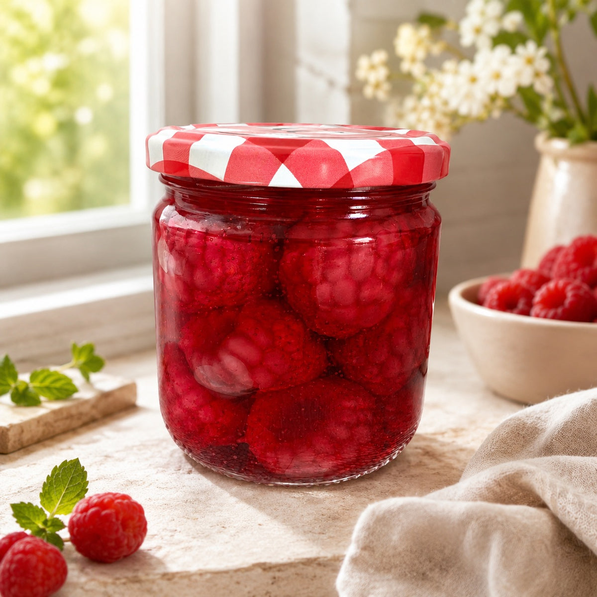 Vela artesanal Mermelada de Frutos Rojos de Casa Calma en tarro de cristal con tapa de cuadros rojos, vista frontal