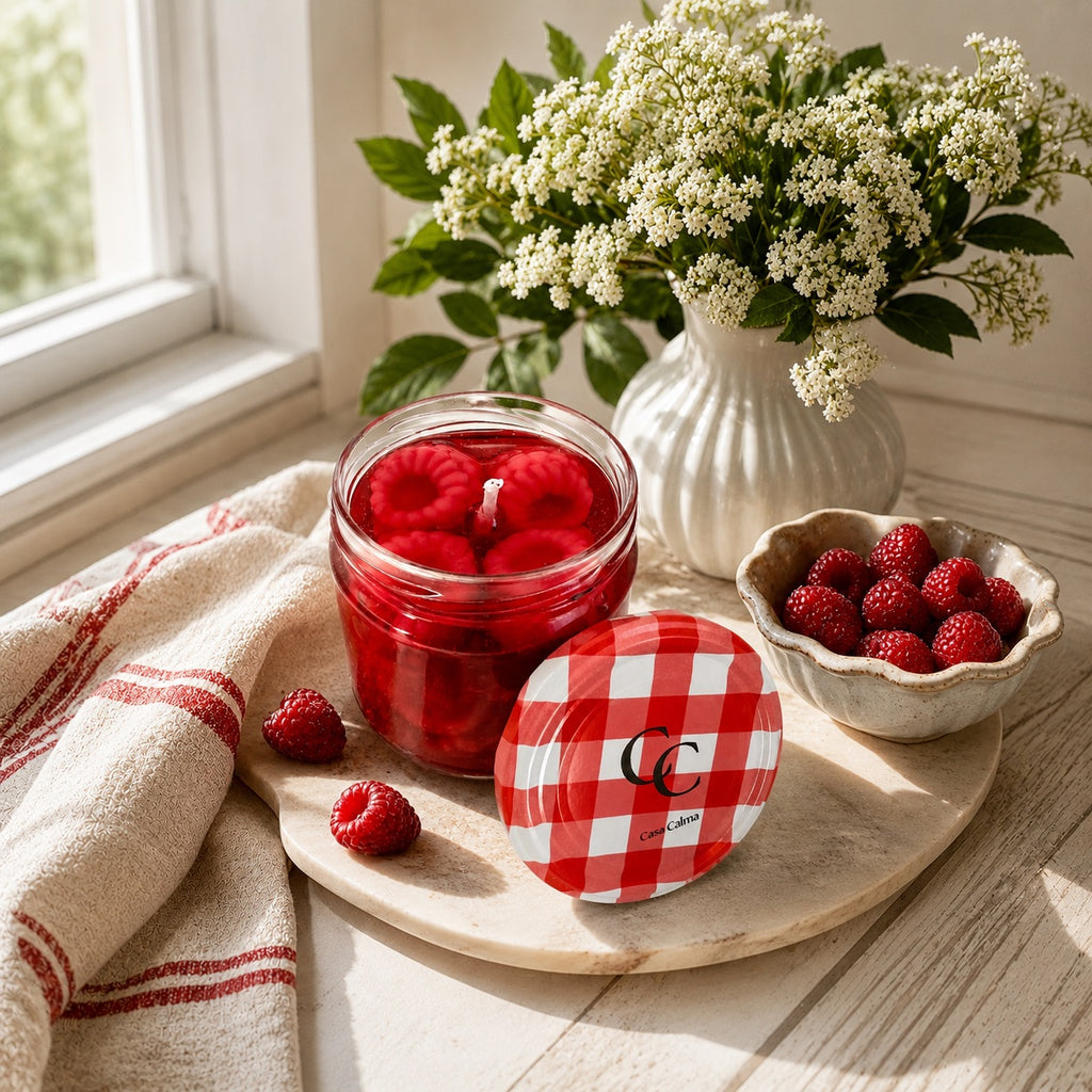 Vela Mermelada de Frutos Rojos de Casa Calma encendida en ambiente lifestyle con frutos del bosque