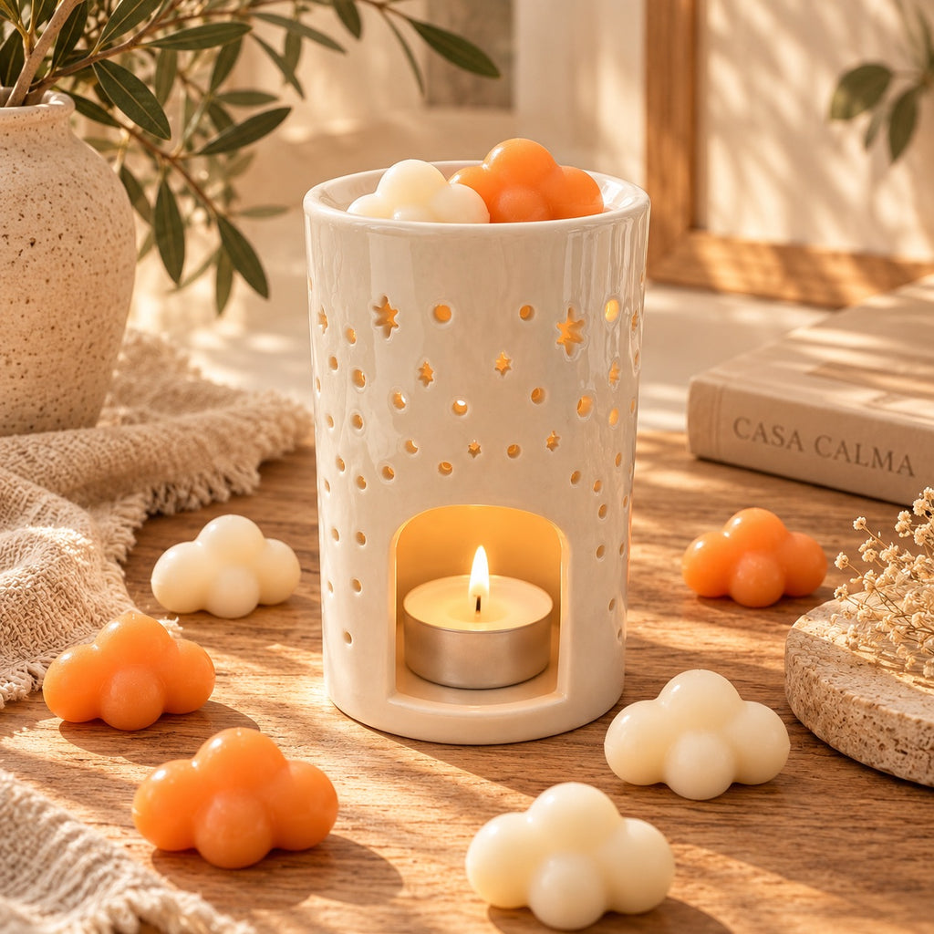 Vista trasera del quemador Luna con una vela de té encendida en su interior y wax melts blancos y naranjas alrededor.