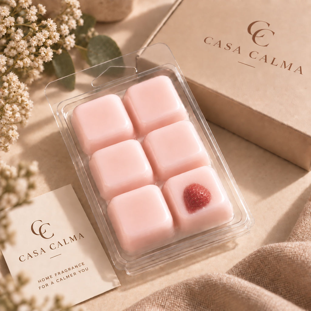 Bandeja transparente cerrada con seis cubos rosas de Wax Melts Fresa & Nata de Casa Calma, uno decorado con fresa.