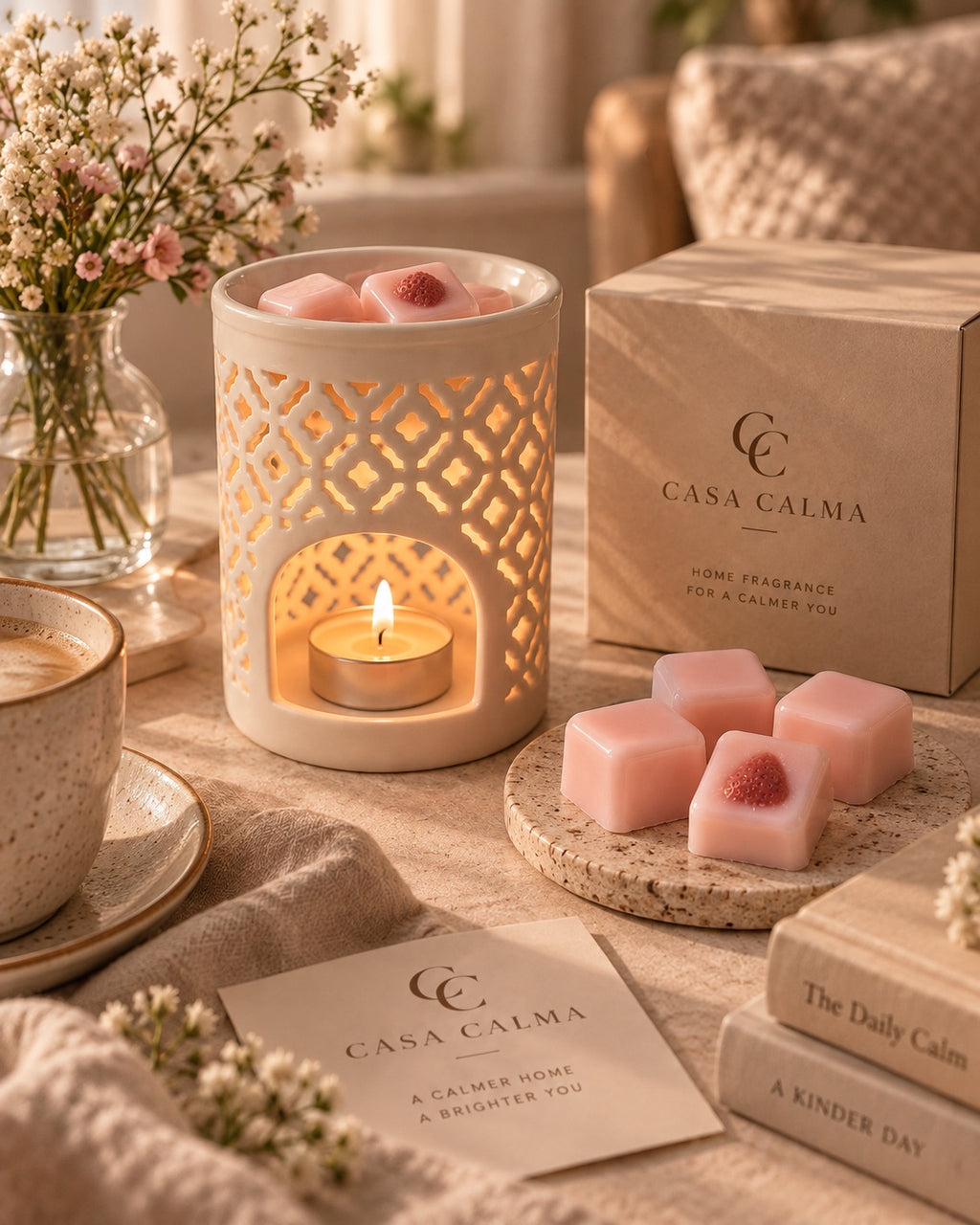 Wax Melts Fresa & Nata de Casa Calma junto a un quemador de cerámica encendido y varios cubos rosas, uno decorado con fresa