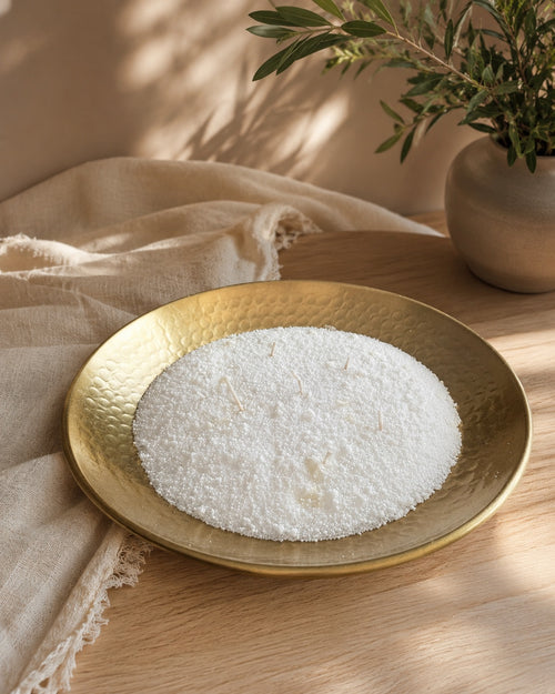 Cera microperlada vegetal en recipiente decorativo apagado – Casa Calma