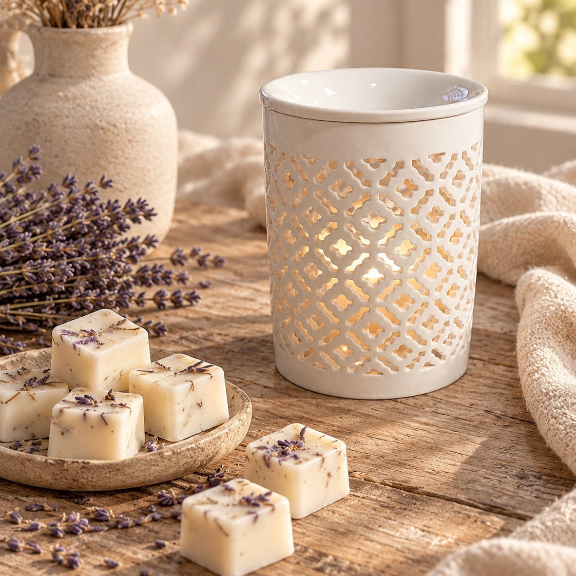 Tableta de wax melts de lavanda Casa Calma junto a un quemador de cera en un salón