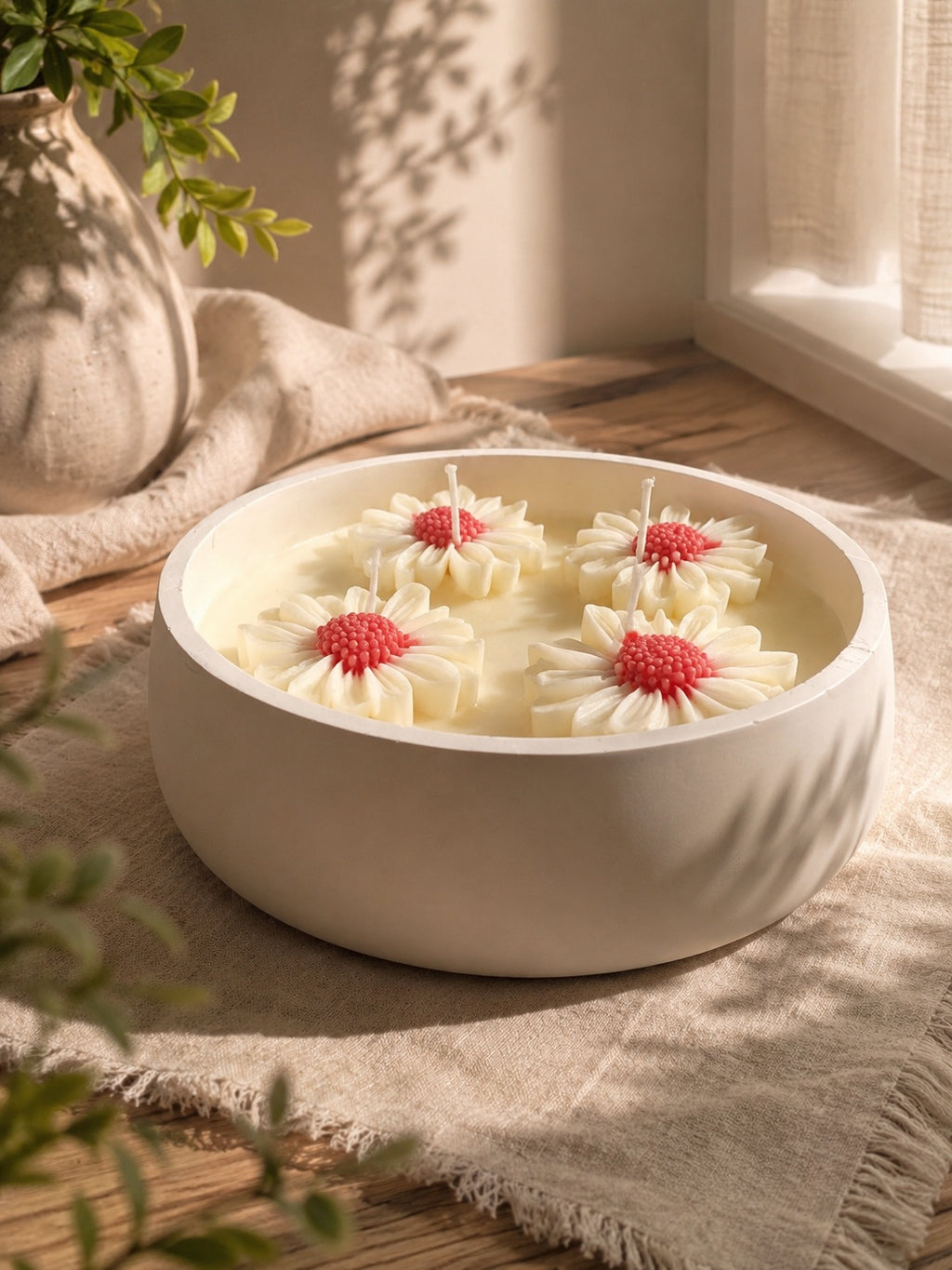 Vela aromática XL con flores de margarita en bol de cemento blanco – Casa Calma