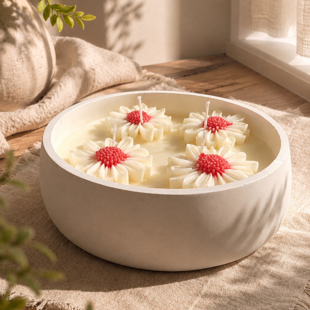 Vela aromática XL Margarita de Casa Calma en recipiente de resina acrílica blanco con cuatro margaritas de cera
