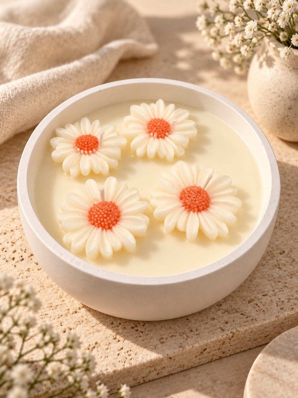 Vela aromática XL con flores de margarita en recipiente de resina acrílica blanco – Casa Calma