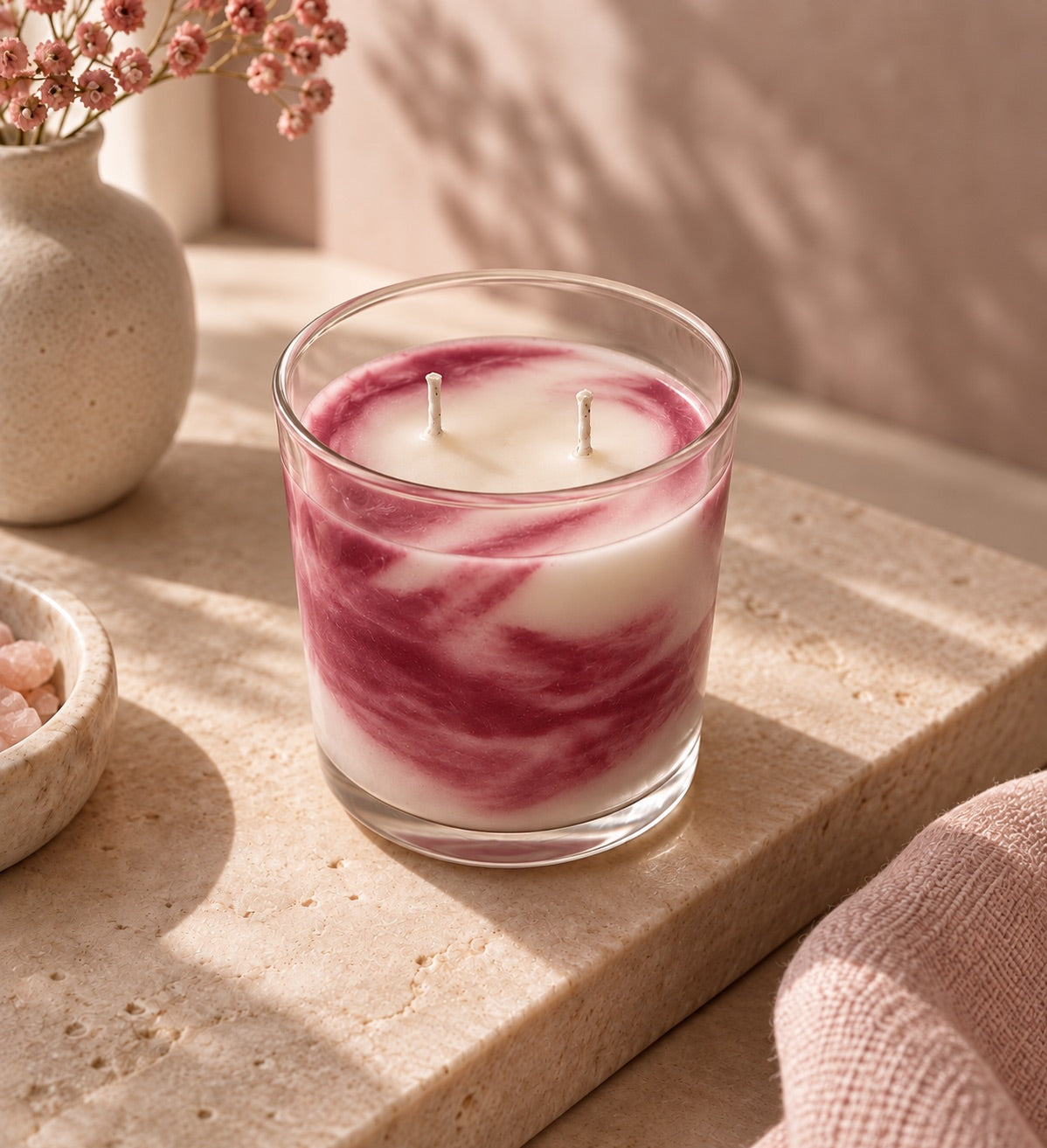 Vela aromática de frutos rojos de Casa Calma, con diseño marmoleado en tonos blancos y rosas.