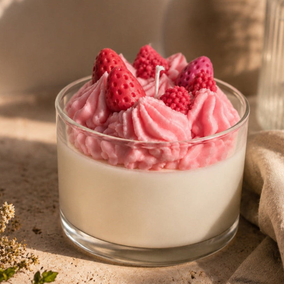 Vela de cera de soja con cera en forma de merengue y fresas decorando de Casa Calma