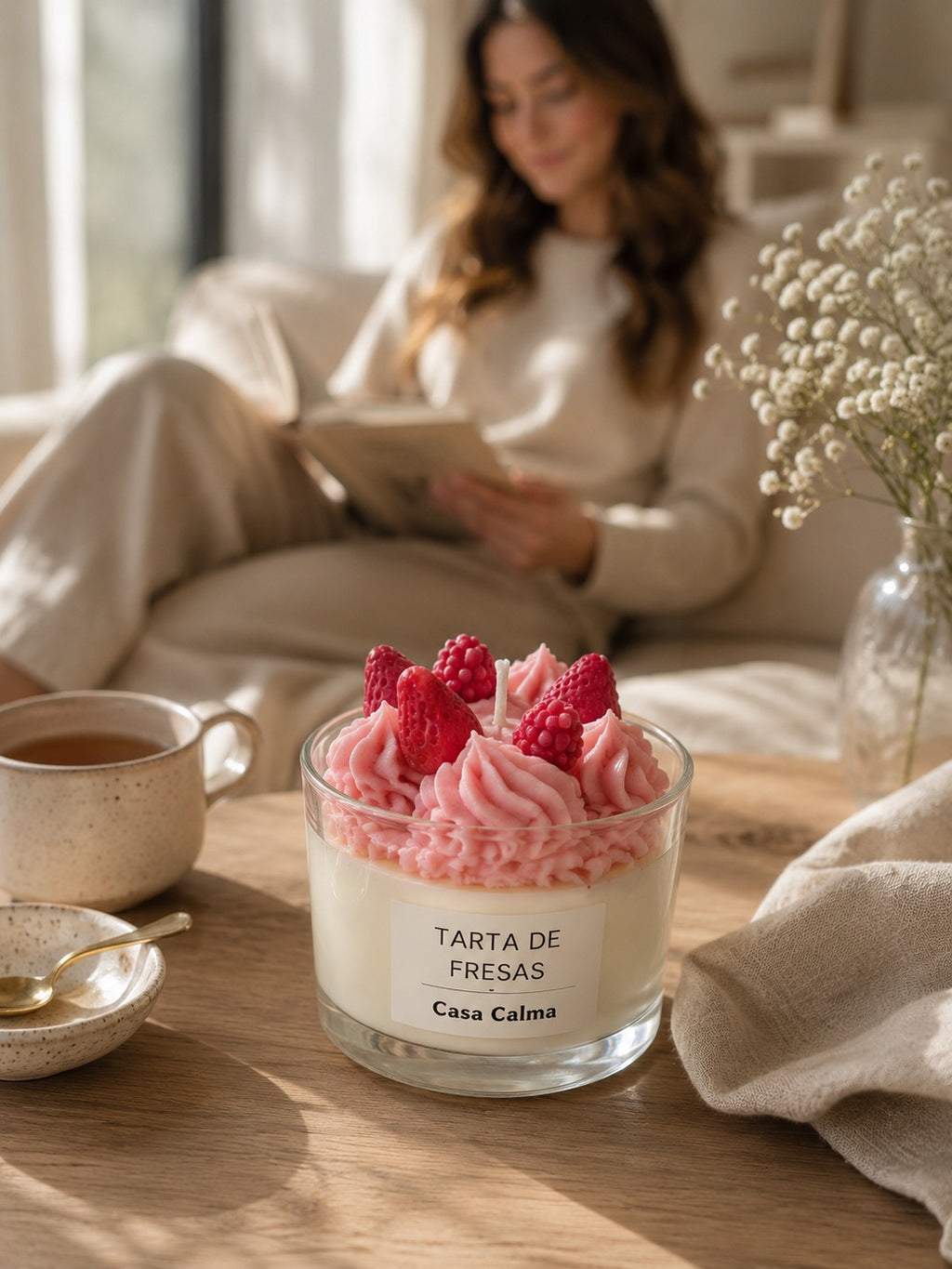 Vela Tarta de Fresas Casa Calma en ambiente lifestyle