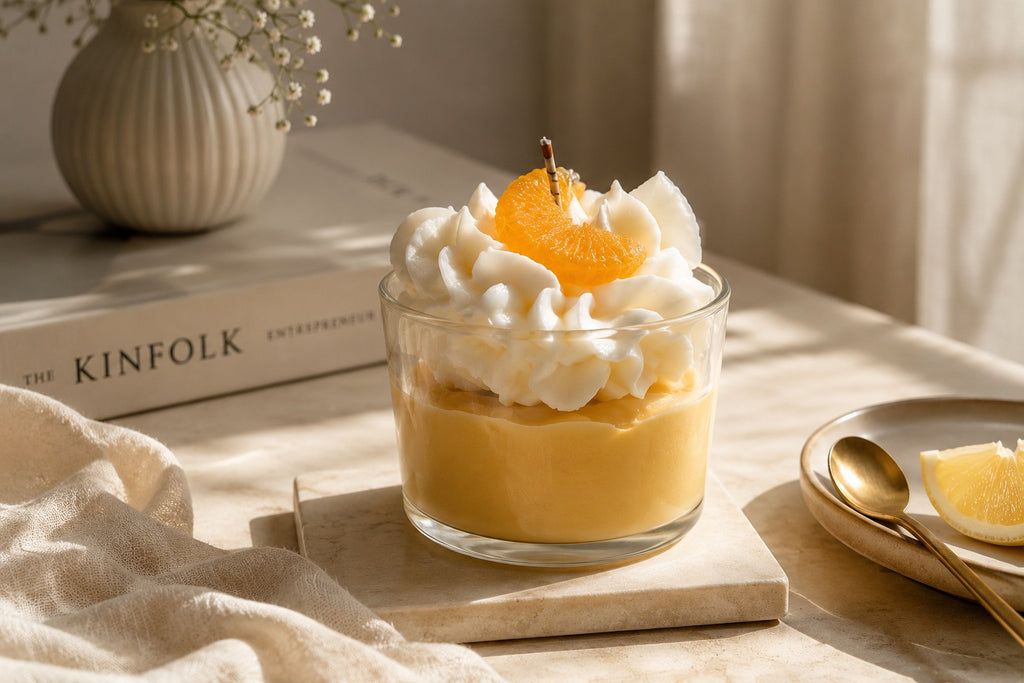 Vela Tarta de Limón de Casa Calma en ambiente decorativo, perfecta para regalar o llenar el hogar de un aroma cítrico y refrescante