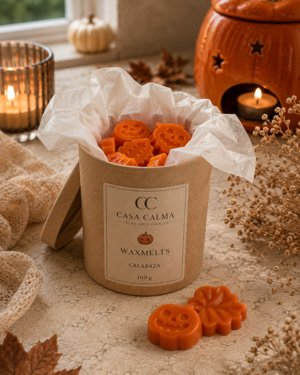 Bote de wax melts con forma de calabaza de Casa Calma