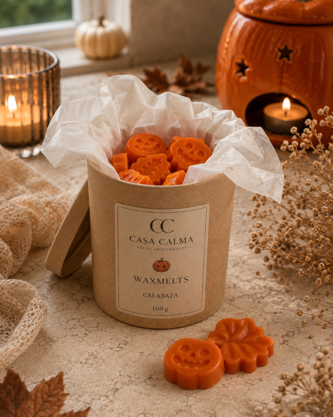 Bote de wax melts con forma de calabaza de Casa Calma