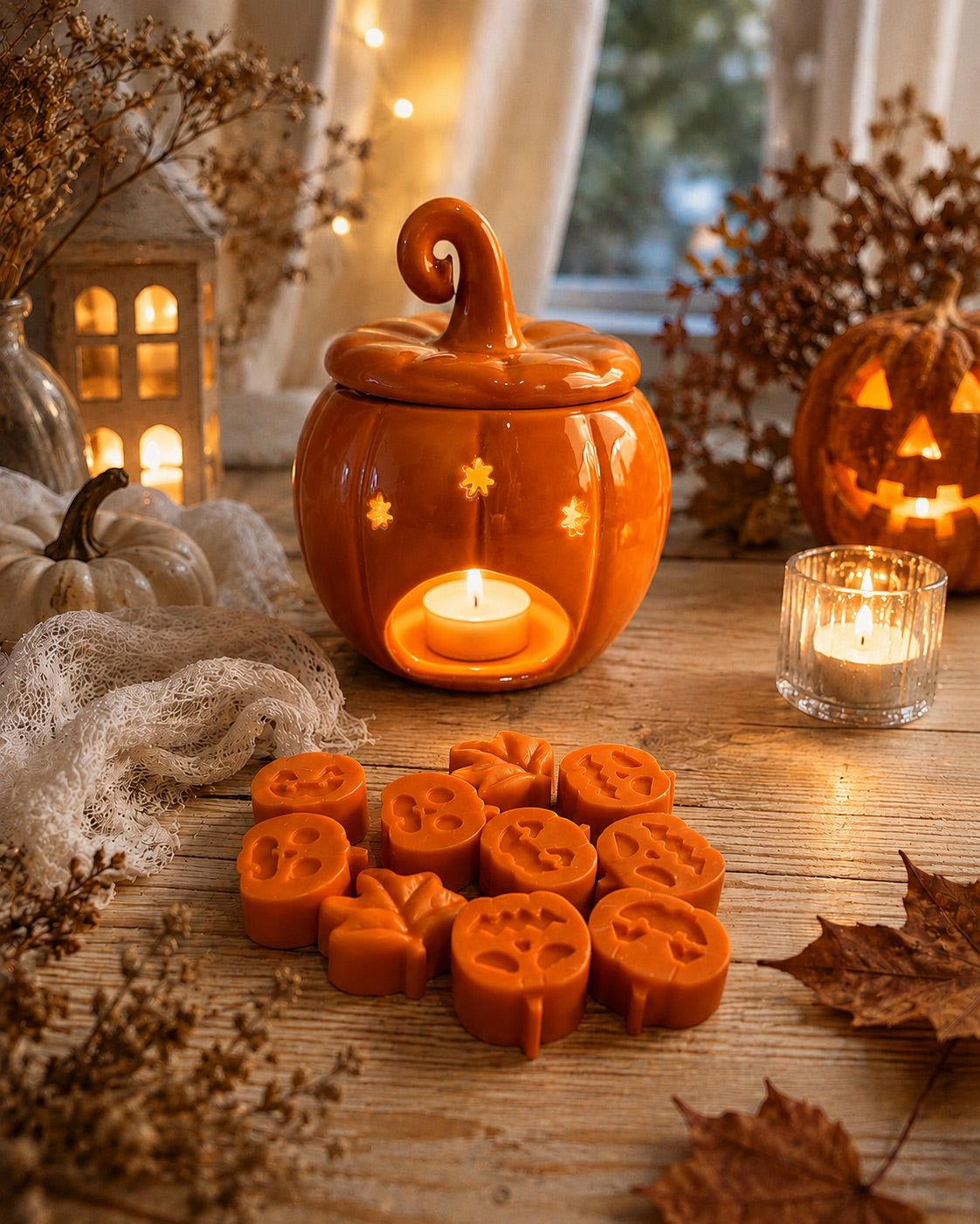Wax melts calabaza de Casa Calma en un ambiente otoñal acogedor