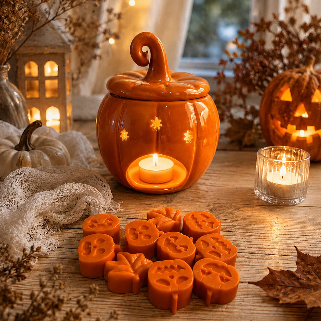 Vista del quemador de calabaza naranja encendido con wax melts naranjas de Casa Calma