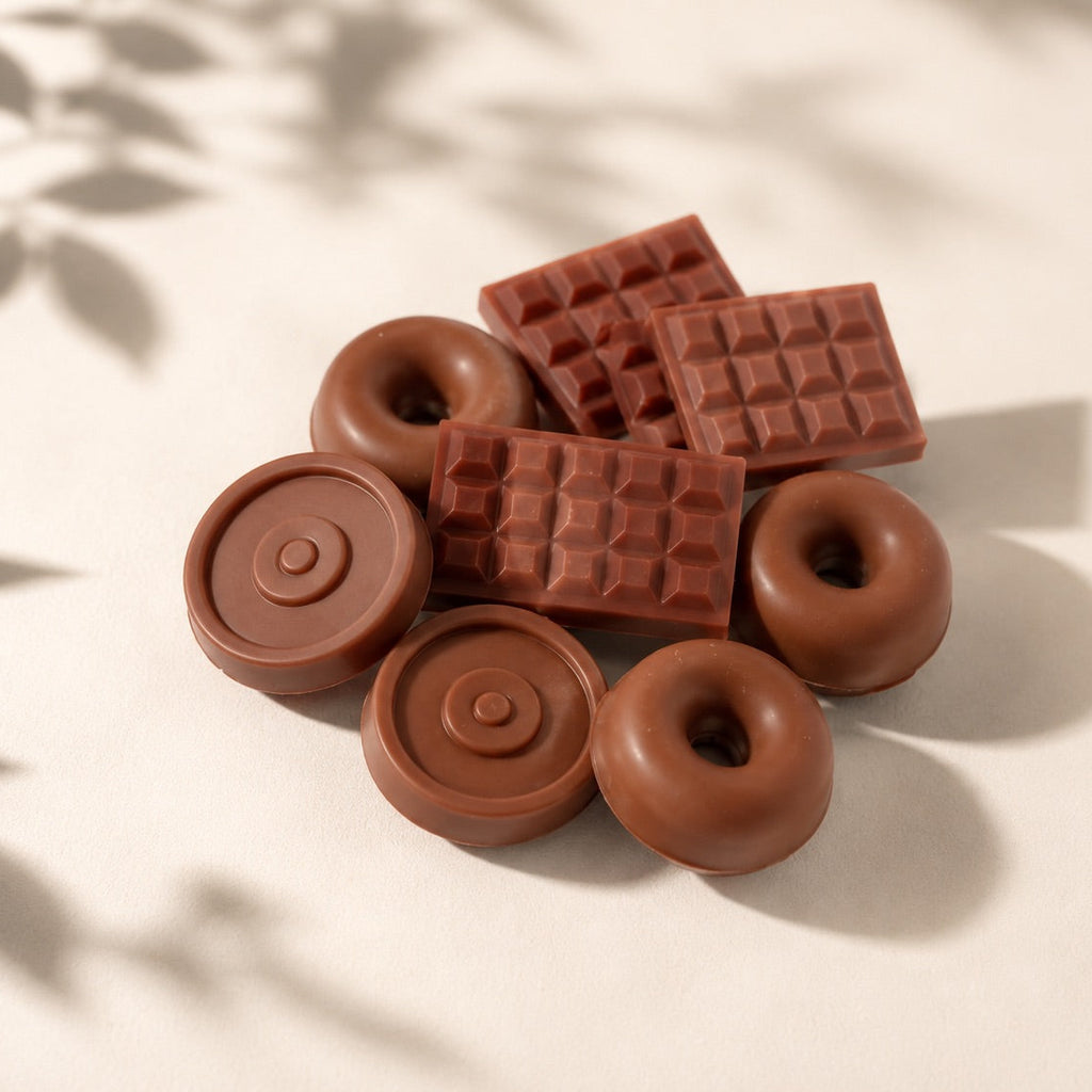 Wax melts de capuchino de Casa Calma, de color marrón y con formas de mini tabletas de chocolate, aros y discos