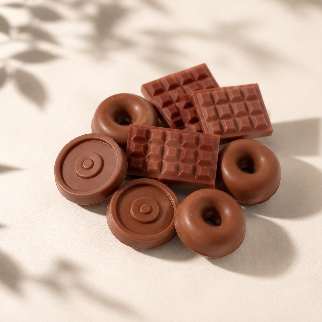 Wax melts de capuchino de Casa Calma, de color marrón y con formas de mini tabletas de chocolate, aros y discos