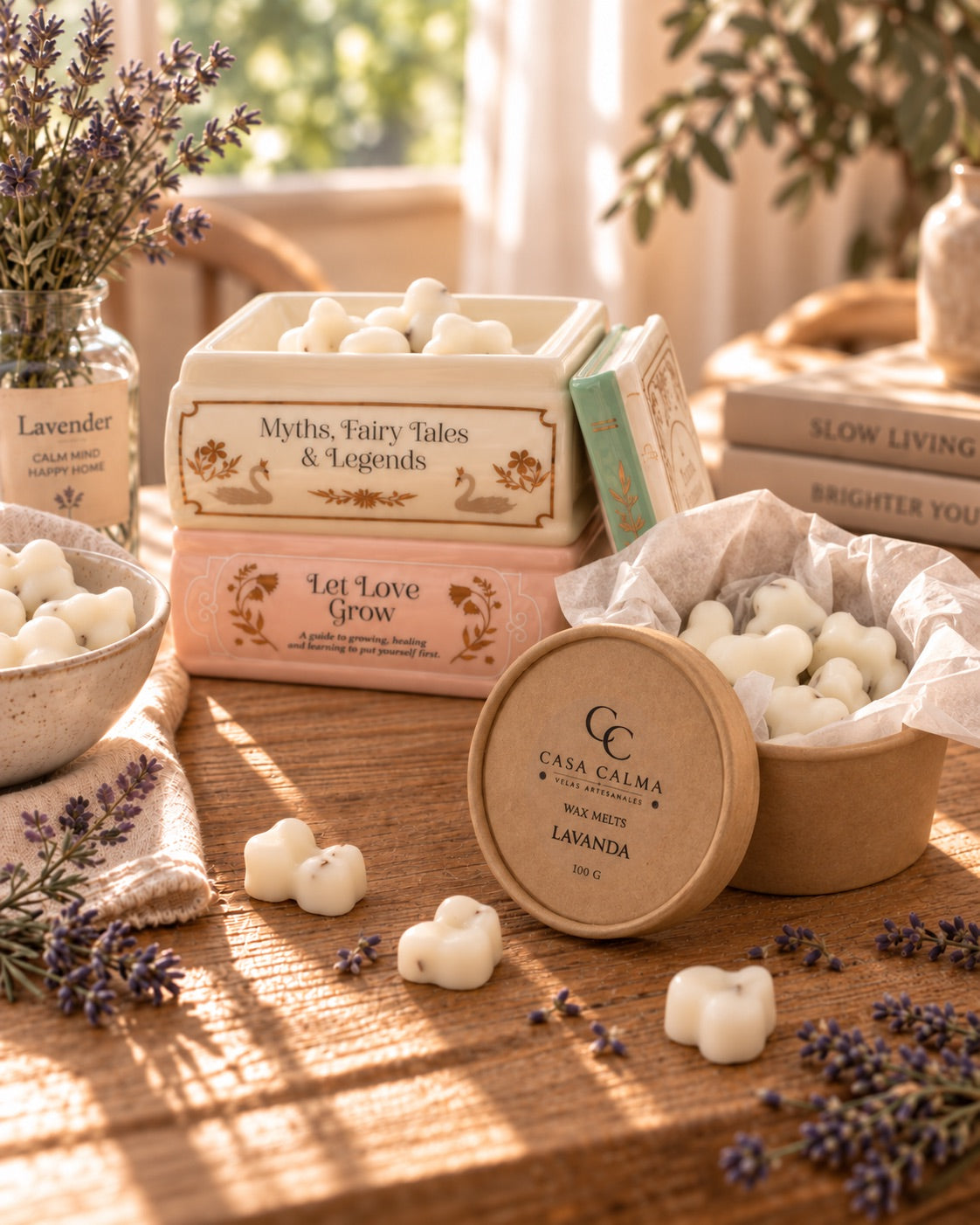 Wax Melts de Lavanda natural de Casa Calma en quemador libros y bote abierto