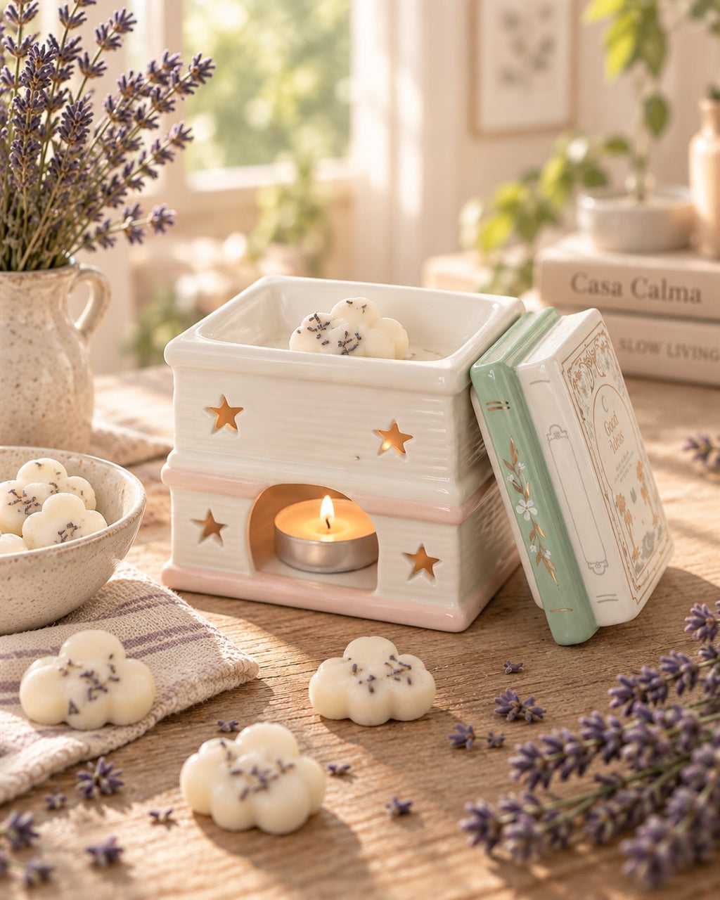 Wax Melts de Lavanda natural de Casa Calma en quemador libros encendido