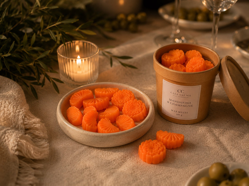Bote de 100 g de wax melts Mandarina & Champagne — cera vegetal artesanal, Casa Calma