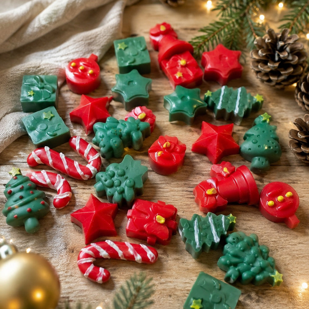 Wax melts navideños artesanales en forma de árboles, estrellas, bastones de caramelo y regalos, en rojo y verde