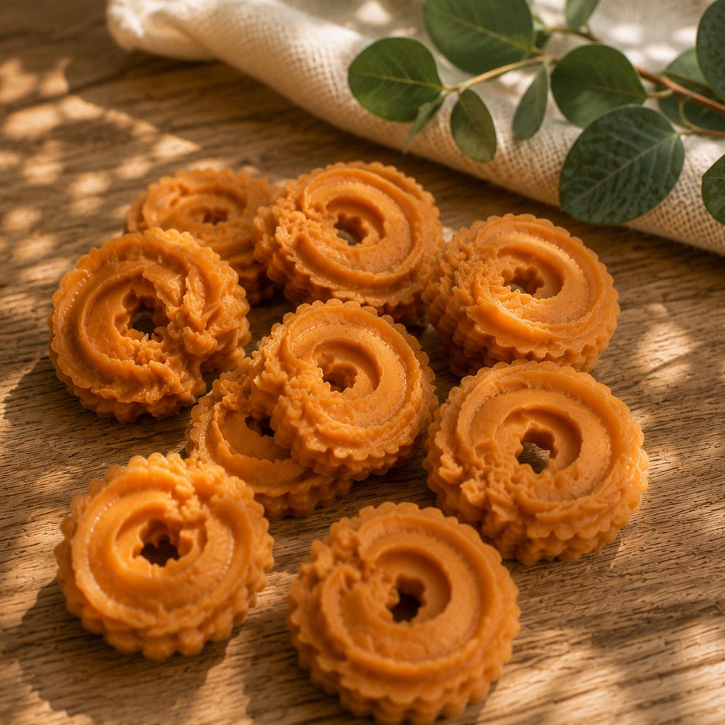 Wax melts de tarta de manzana y canela de Casa Calma, de color naranja y forma circular con bordes ondulados, sobre una mesa de madera