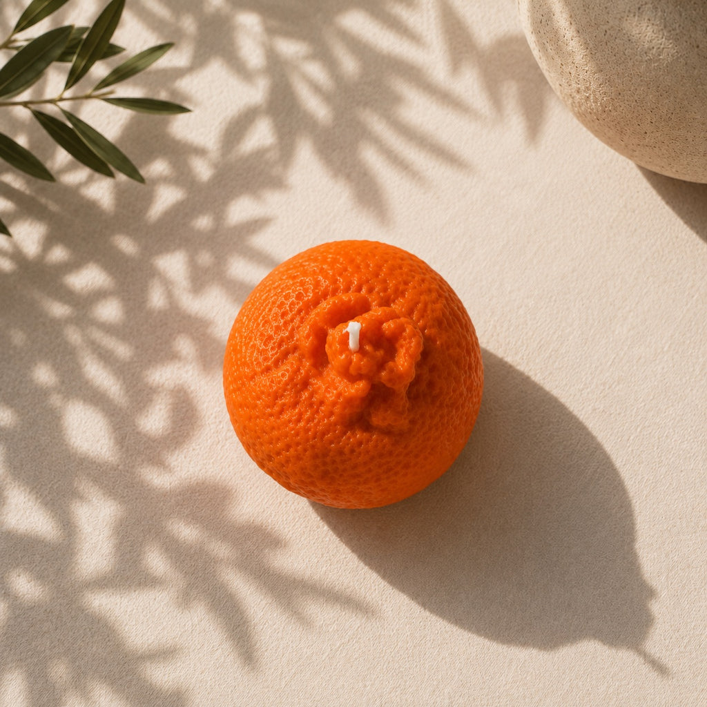 Vista superior de wax melt Mandarina Artesanal XL de cera de soja, con luz natural y sombras de hojas – Casa Calma